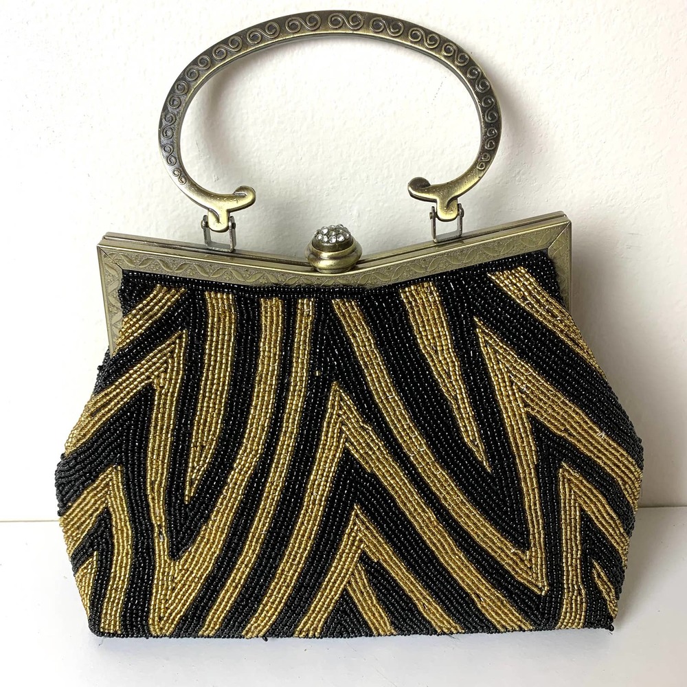 Vintage Gold Black Beaded Evening Purse Party Handbag With Chain Crossbody Strap - Picture 13 of 16
